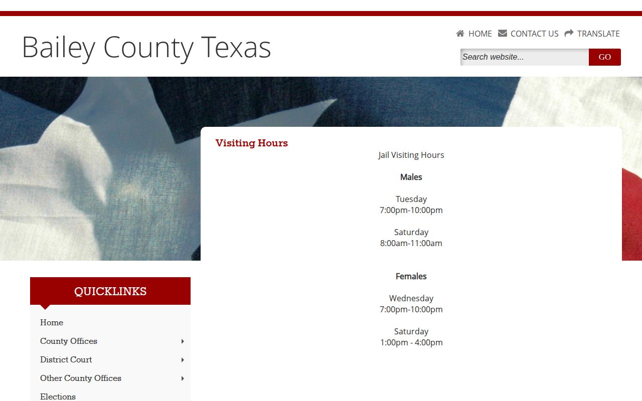 Bailey County Jail visitation schedule that does not show release processing hours
