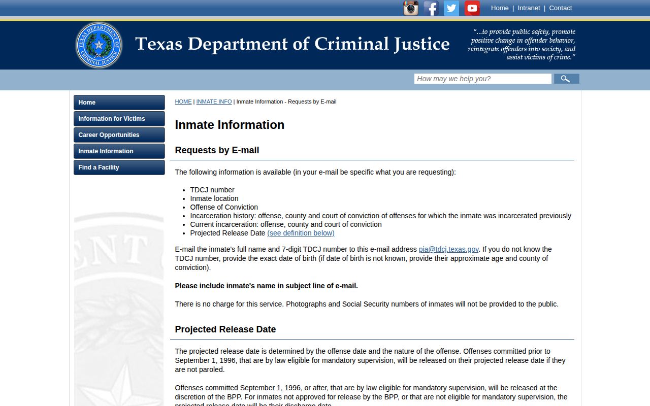 Bailey County release date email request instructions from TDCJ