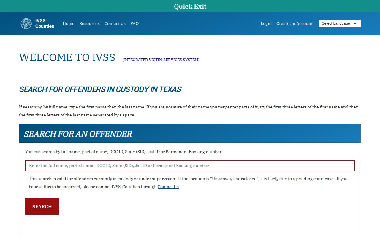 Texas IVSS-Counties specific-person search and registration interface